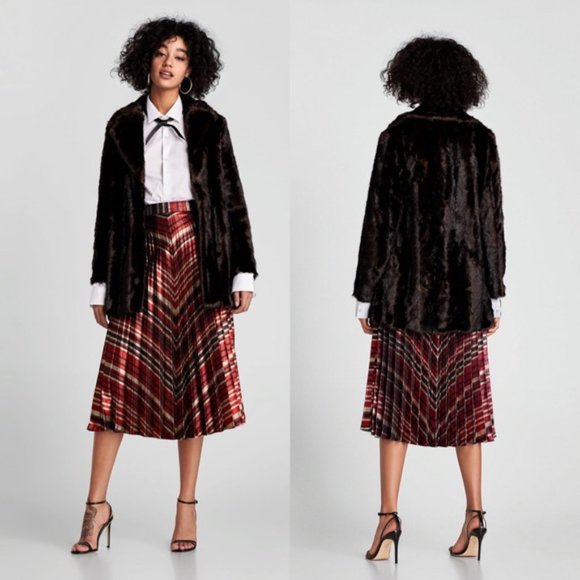 Sz S ZARA Red Black & Gold Metallic Accordian Pleated Striped Lurex Midi Skirt - Picture 8 of 16